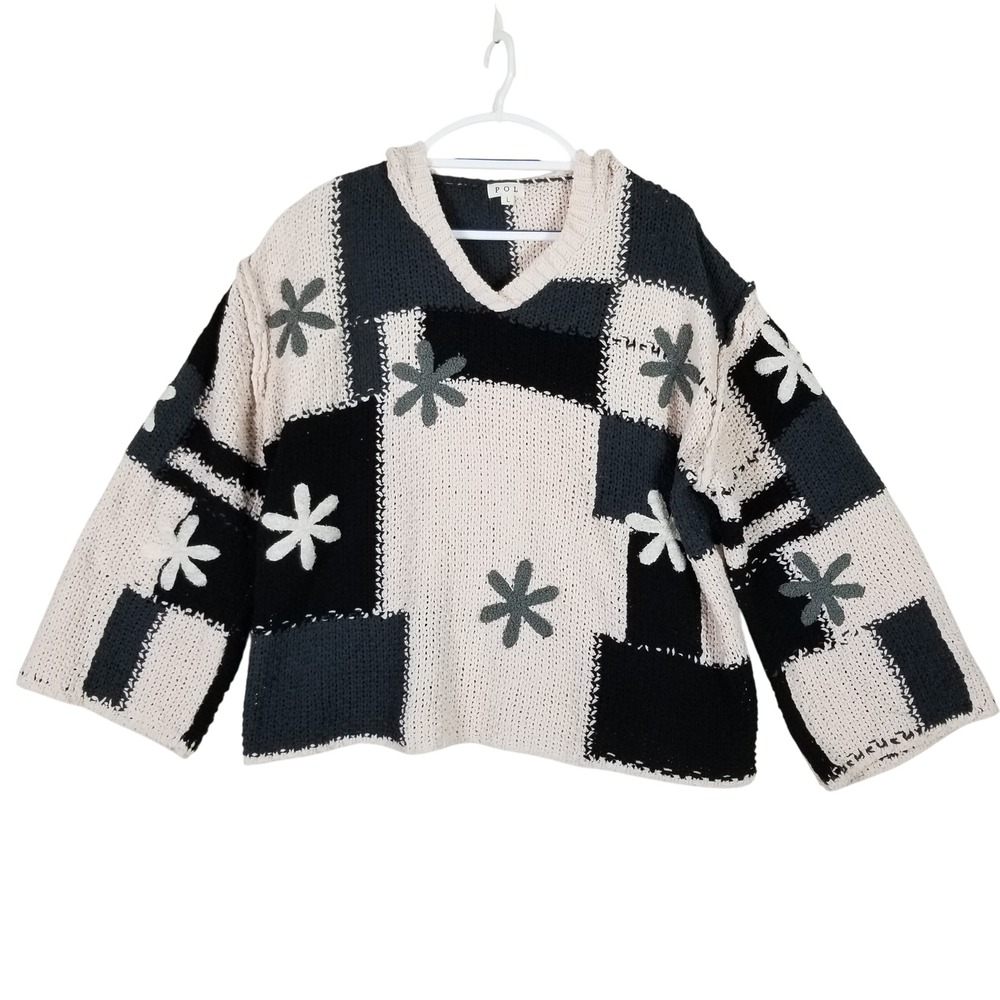 POL Patchwork Floral Knit Sweater Womens Large Black White SMST602 Boho Chunky